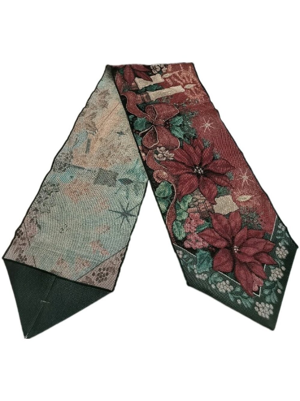 Vintage Christmas tapestry table runner featuring poinsettias 83" X13" Beautiful